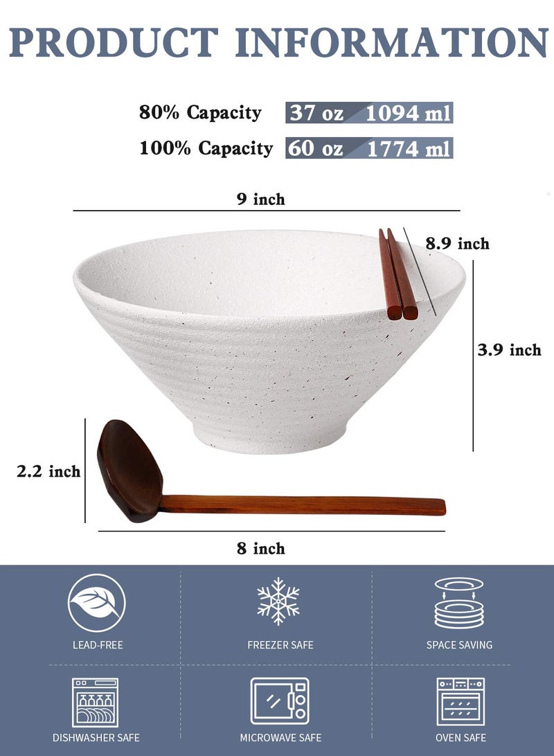 Kanwone Ceramic Japanese Ramen Bowl Set, Noodle Soup Bowls - 60 Ounce, with Matching Spoons and Chopsticks for Udon Soba Pho Asian Noodles, Set of 2, White - Image 2
